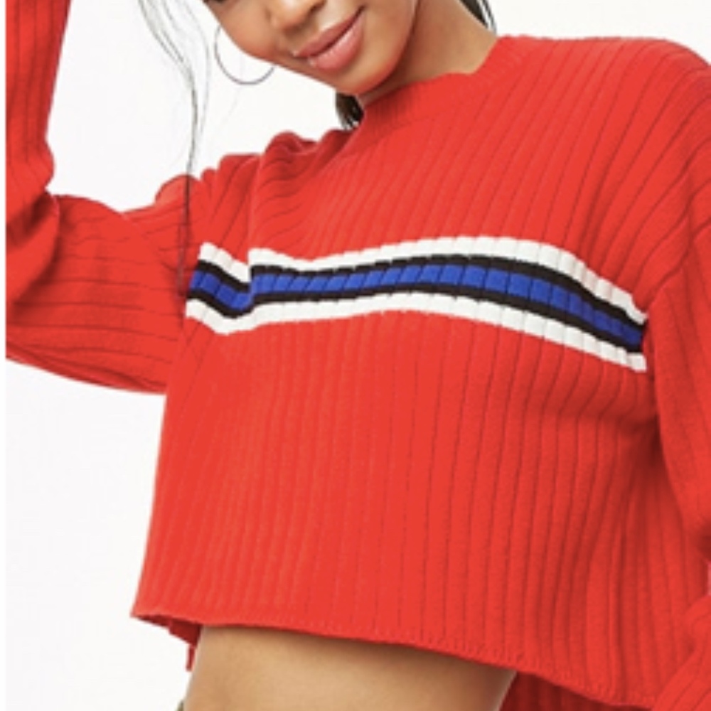 Striped-Trim Cropped Sweater
